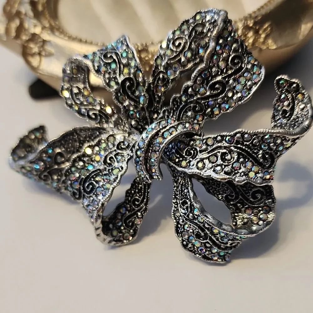 Crystal Ribbon Bow Brooch Pendant Aurora Borealis HUGE Christmas Pin Vintage